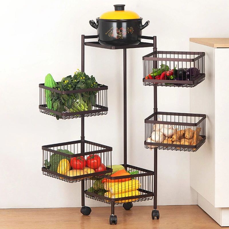 2-Tier Floor Standing 360 Rotating Fruit and Vegetables Basket Kitchen Storage Rack for Kitchen Living Room with Wheels Top Lids