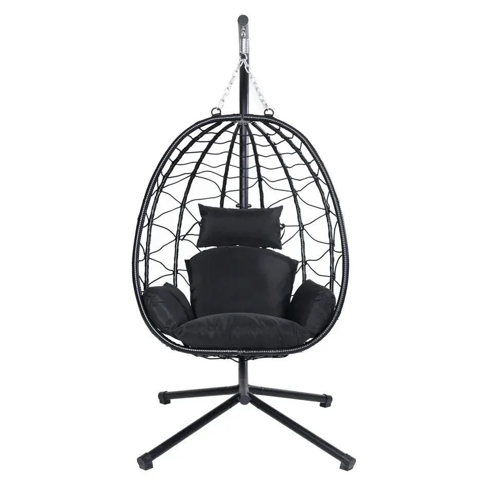 Outdoor Garden Patio Black Rattan Lounge Cocoon Foldable UV Resistant Wicker Hammock Hanging Basket Porch Egg Swing Chair