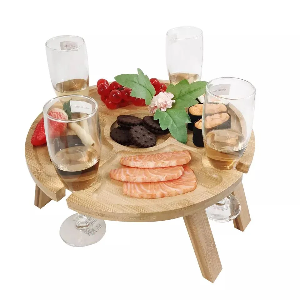 Portable Foldable Outdoor Food Serving Tray Round Snack Holder 5 Girds Picnic Table with Wine Holder