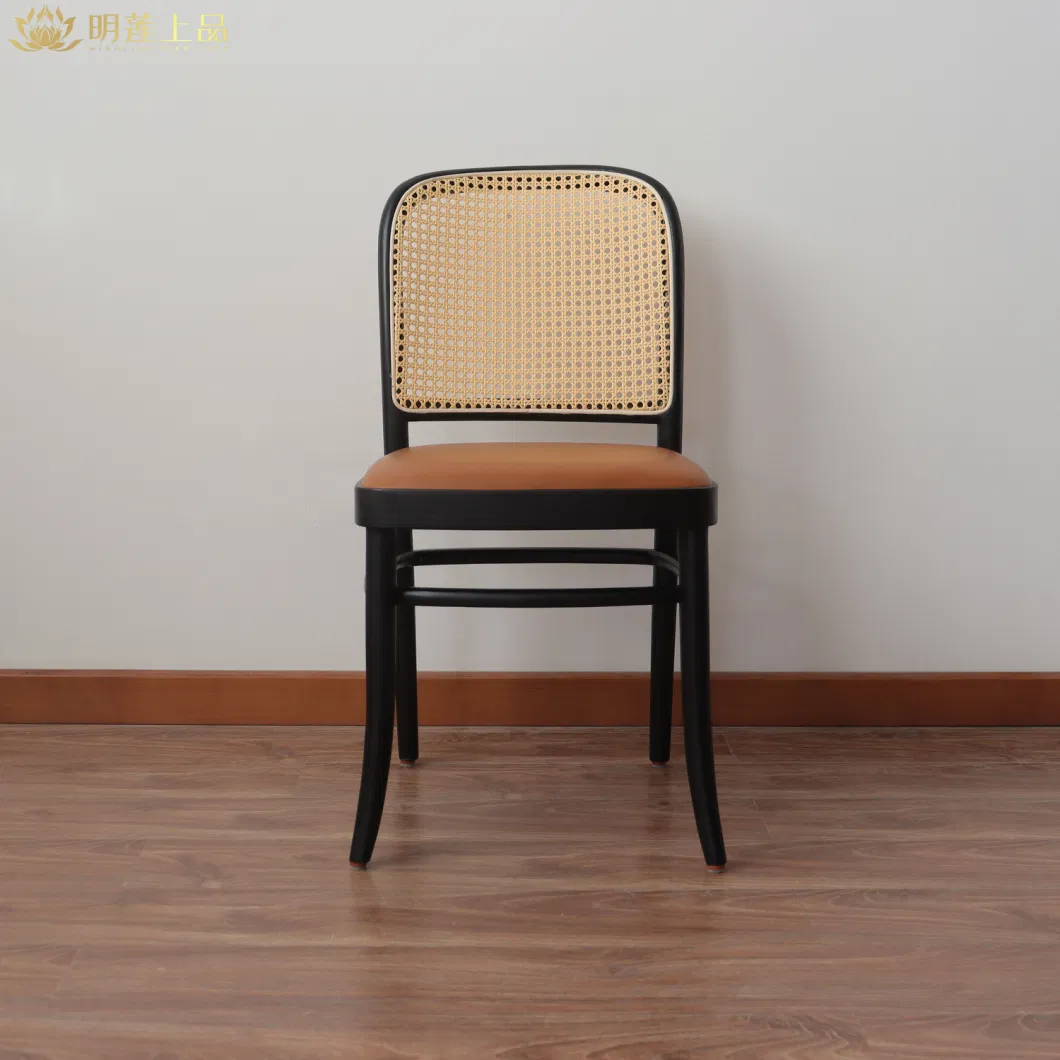 Modern Design Solid Wood Green PU Leather Upholstered Rattan Weaving Dining Room Furniture Restaurant Furniture Fast Food Furniture Wooden Chair