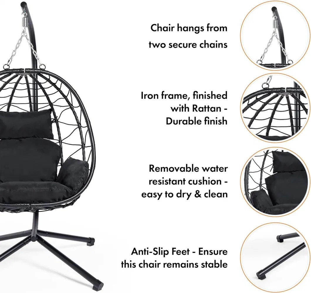 Outdoor Garden Patio Black Rattan Lounge Cocoon Foldable UV Resistant Wicker Hammock Hanging Basket Porch Egg Swing Chair