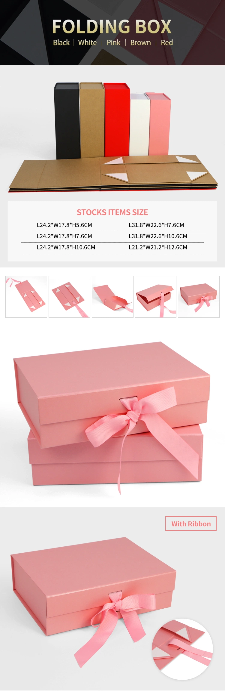 Firstsail Eco Friendly Recyclable Clothing Shoes Underwear Wig Fold Flat Pink Folding Gift Storage Box Packaging with Ribbon