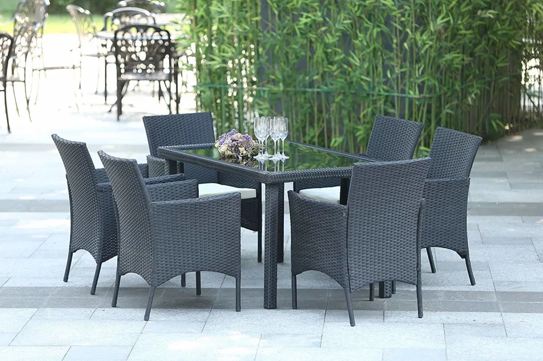 7 Pieces Patio Wicker Dining Set, Outdoor Rattan Dining Furniture Glass Table Cushioned Chair, Black