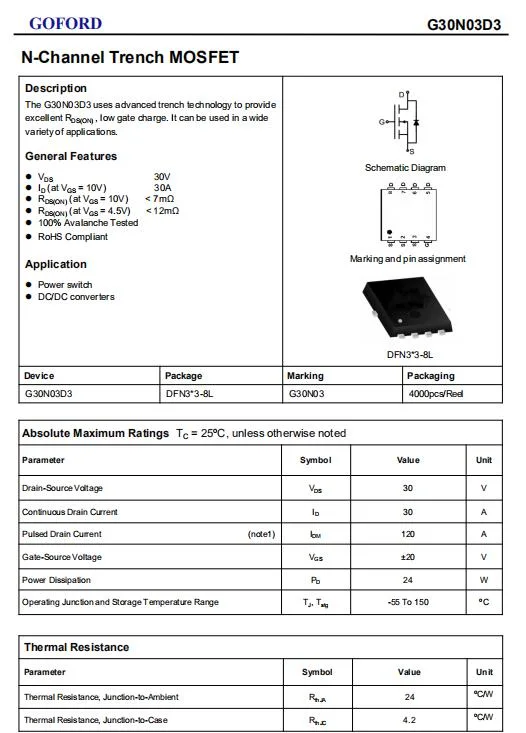 N Channel Mosfet G30n03D3 30V 30A Dfn Package Transistor for Fast Charge