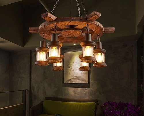 Industrial Wood Chandelier Light Indoor Decoration Lighting with E27 E14
