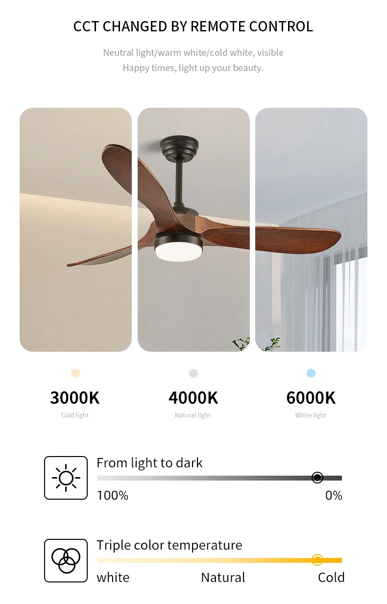 52 Inch Solid Wood Blade Remote Control Ceiling Fan Without Light