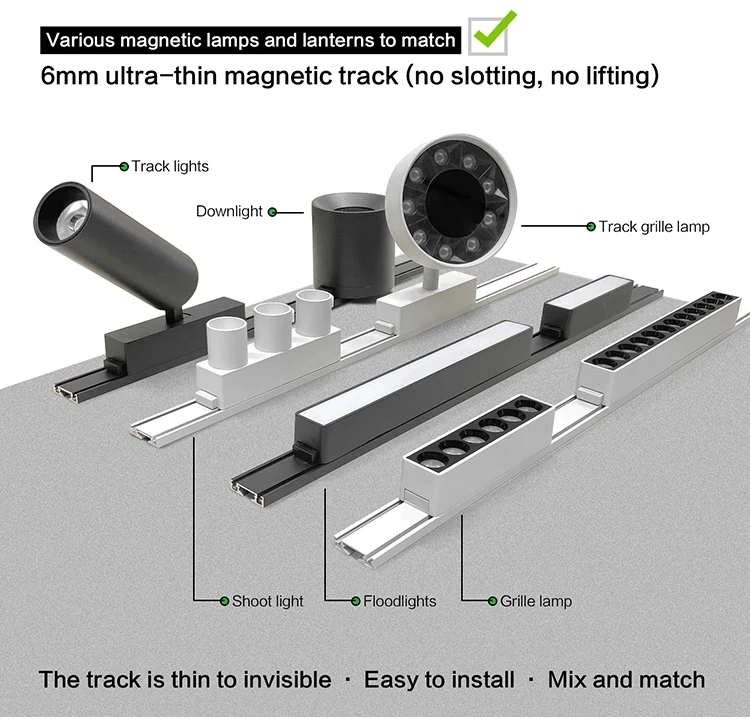 Easy Install Indoor Lighting Fixture Spotlight Ceiling Downlight LED Magnetic Track Light