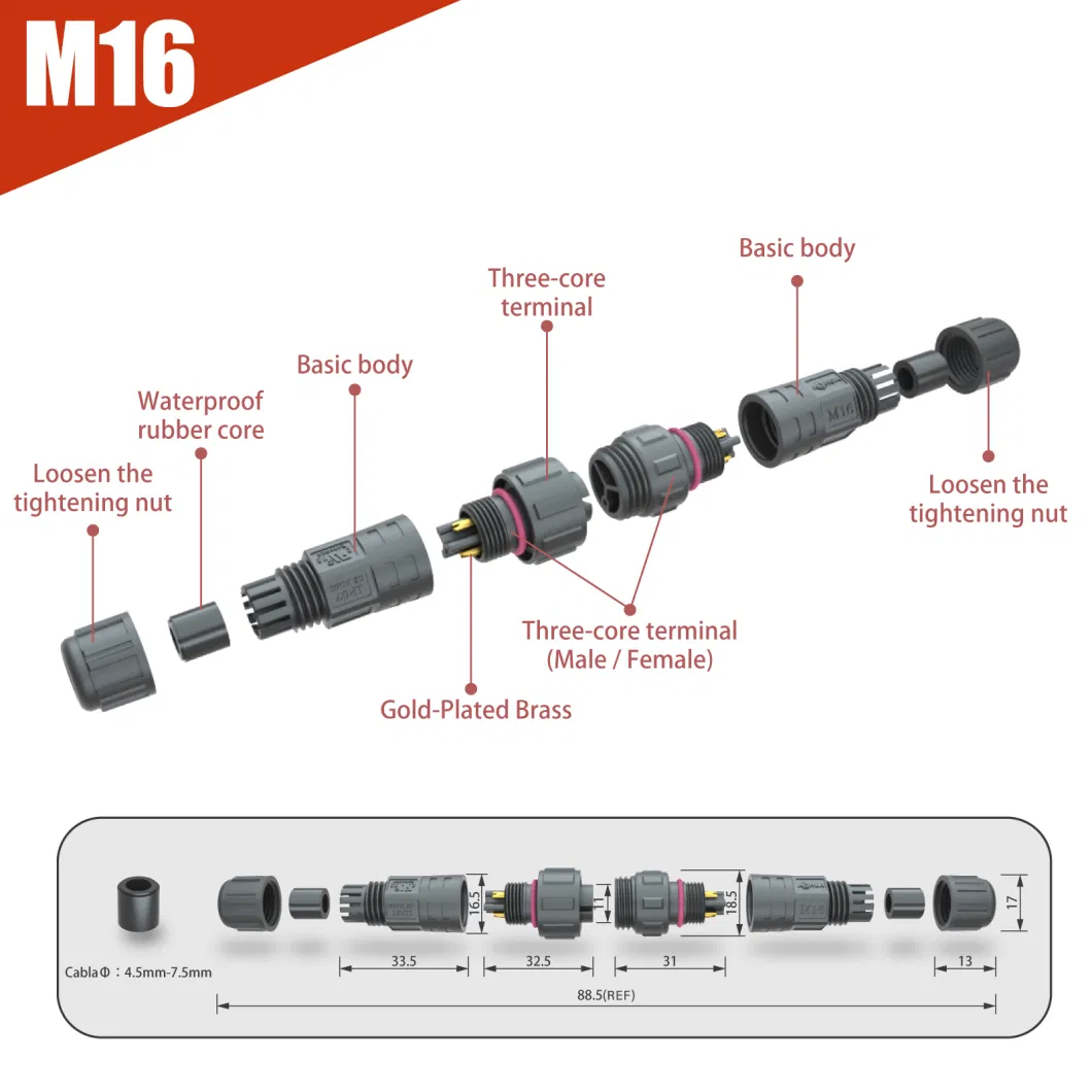 Aohua Hot Sales 3core Power Cord Connetor M16 Field Assembled Waterproof Plug Without Cable 3pin Male to 3pin Female Electrical Wire Plug