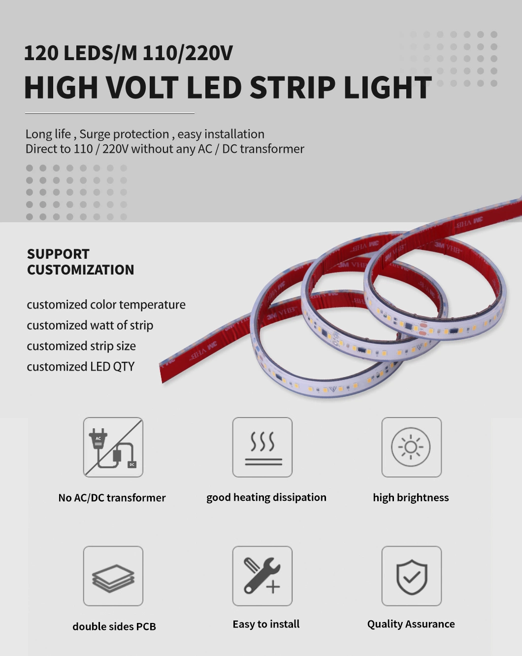 High Quality 120LEDs/M 2835 LED Flexible Strip Light High Voltage 110V/220V LED Strip Lighting