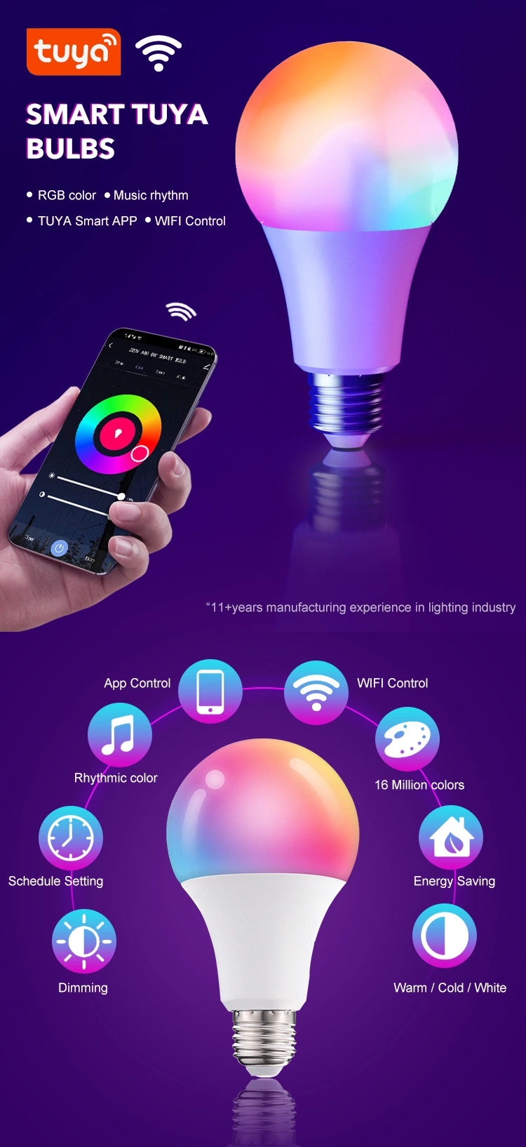 Fxpot New Design WiFi Connect Tuya Smart Bulb Light RGB Dimming B22 E26 E27 10W LED Smart Bulb