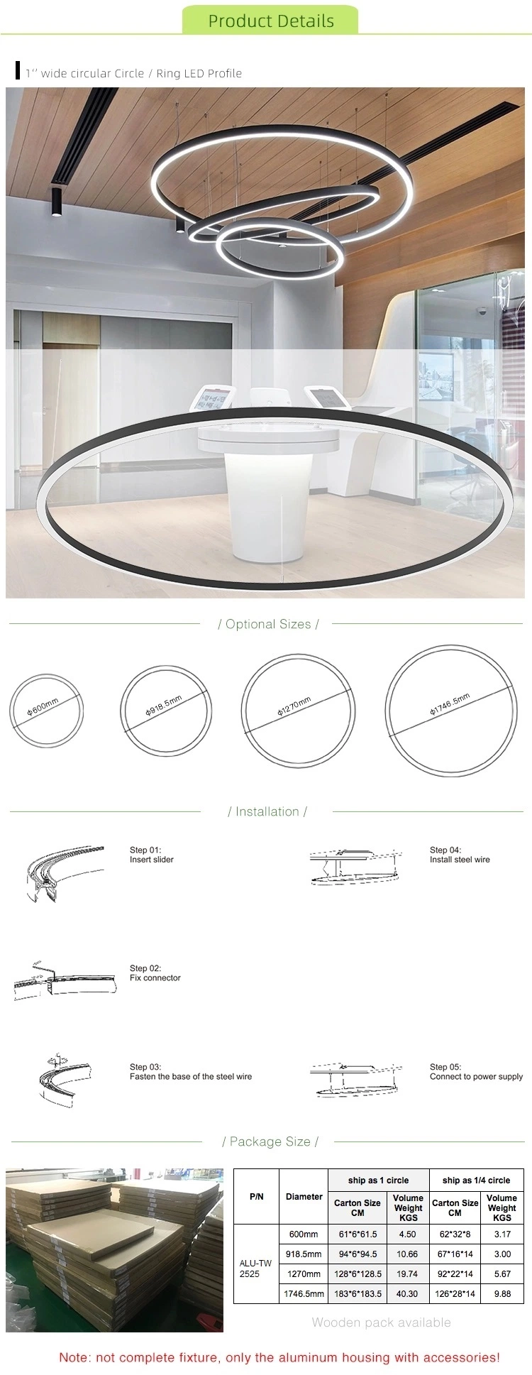 Contemporary Profile Office Pendant Chandelier Light Ring Round Lamp Hanging Fixture LED Circular Linear Lighting