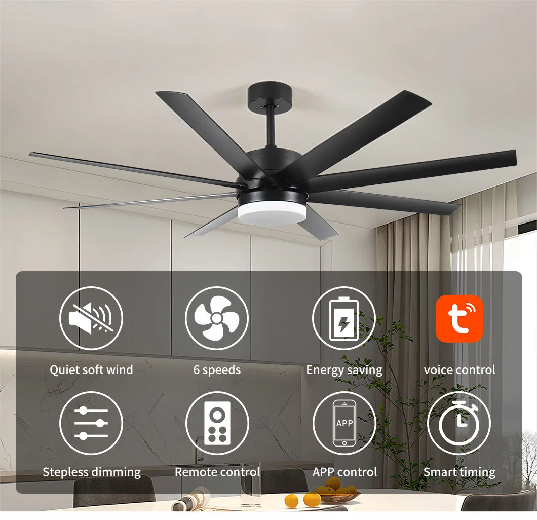 8blades ABS Black Color Pure Copper DC Smart Ceiling Fan with Light