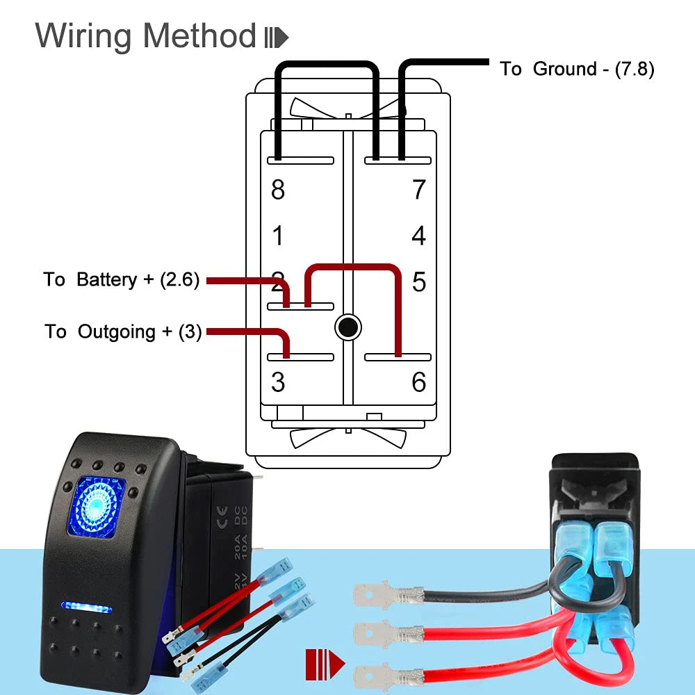 Boat Rocker Switch Toggle 12V 24V, 5 Pin Spst on-off Switch 12V/20A 24V/10A Blue LED Light, with Jumper Wires Set for Car Marine Boat Truck Trailer 4X4 Caravan