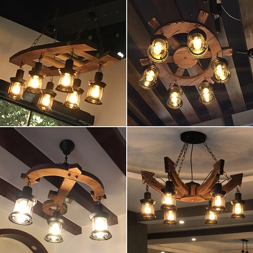 Industrial Wood Chandelier Light Indoor Decoration Lighting with E27 E14