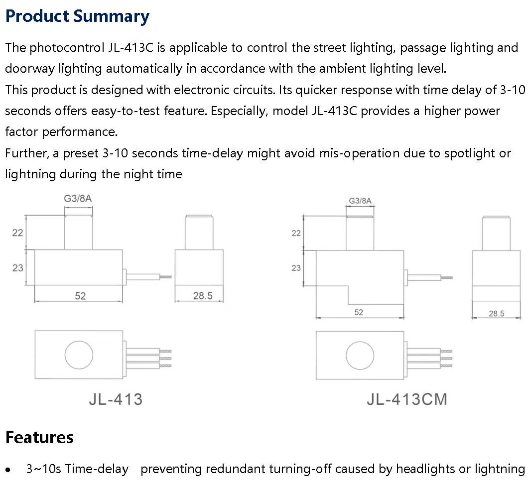 Jl-413 Street Light Lightcontrol Sensor Dimmer Lighting Switch Sensor Switch Auto Lighter PIR Sensor Photocontrol