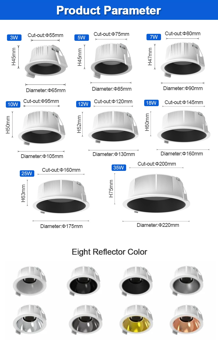 Indoor Office Lighting Ceiling Light 12W Spotlight Anti-Glare SMD Recessed LED Downlights