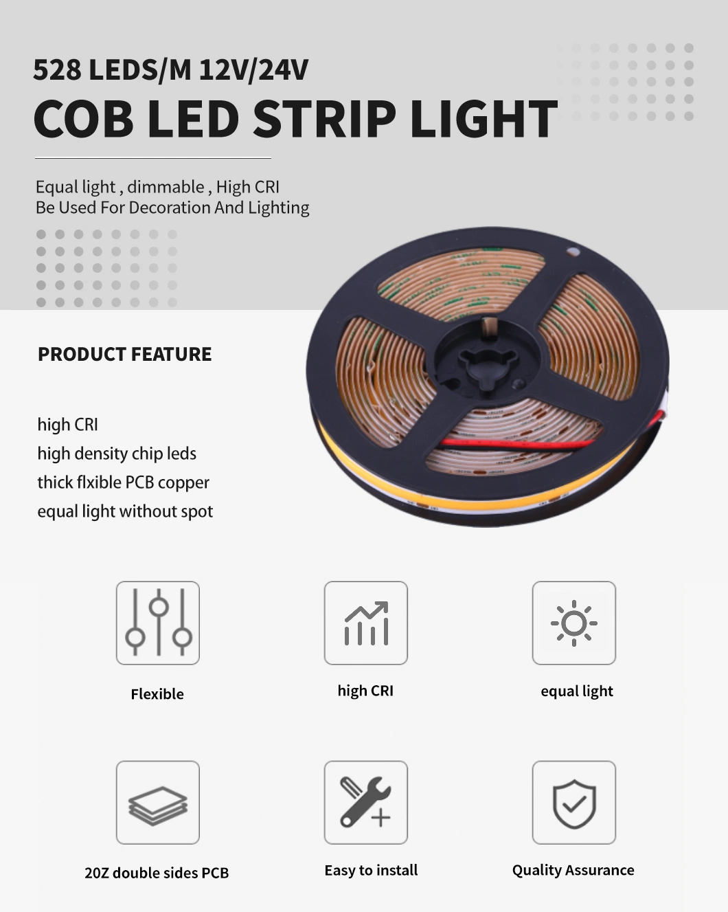 528LED/M LED COB Strip Light Cabinet lamp decorative lamp DOT Free 2700K, 3000K, 4000K, 6000K