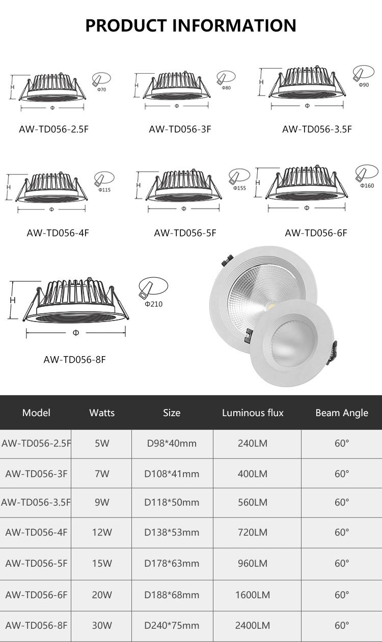 Allway Multi Scene Easy Installation Lamp Ceiling Down Lights Hotel Home Office LED COB Recessed 7W Downlight