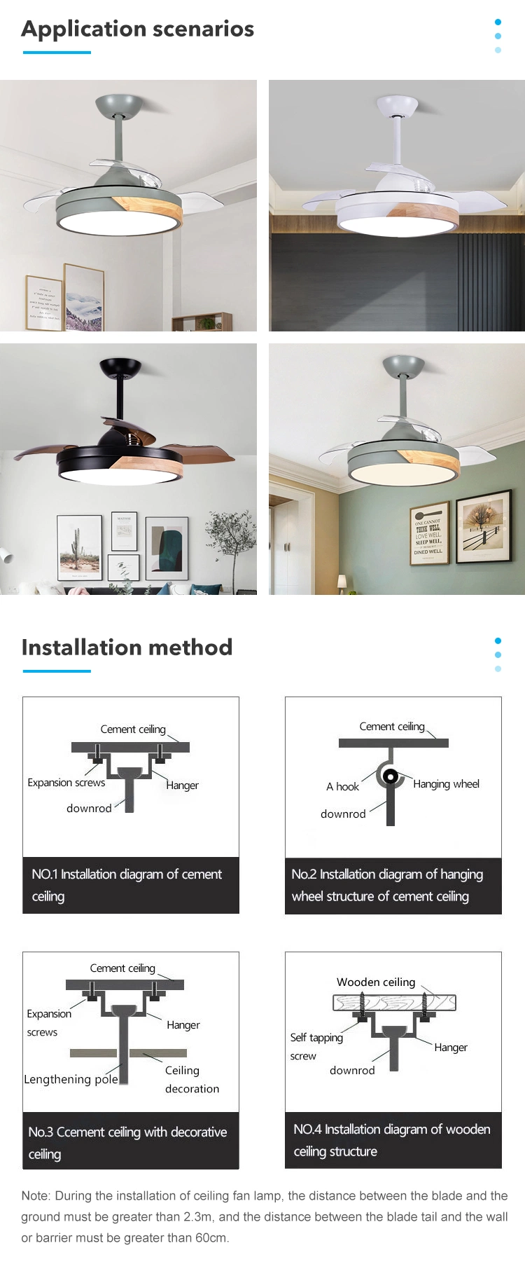 42 Inch Modern Decoration Indoor Low Noise Retractable Blade Ceiling Fan with light Remote Control