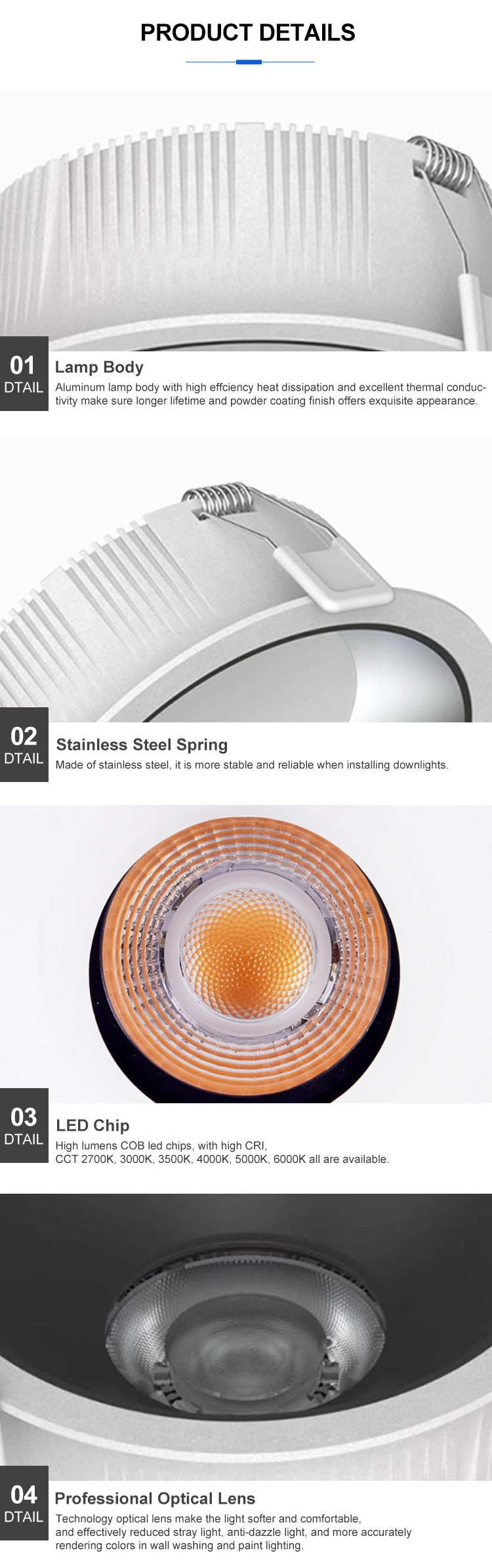 Indoor Office Lighting Ceiling Light 12W Spotlight Anti-Glare SMD Recessed LED Downlights