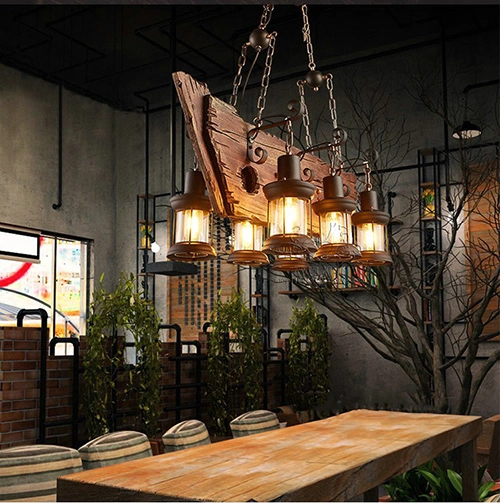 Industrial Wood Chandelier Light Indoor Decoration Lighting with E27 E14