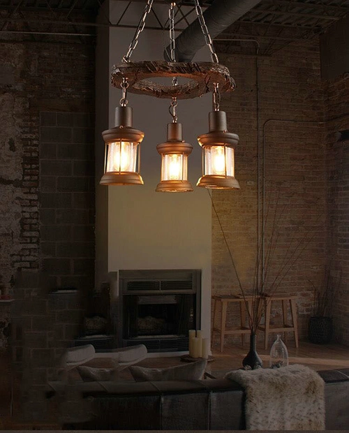 Industrial Wood Chandelier Light Indoor Decoration Lighting with E27 E14