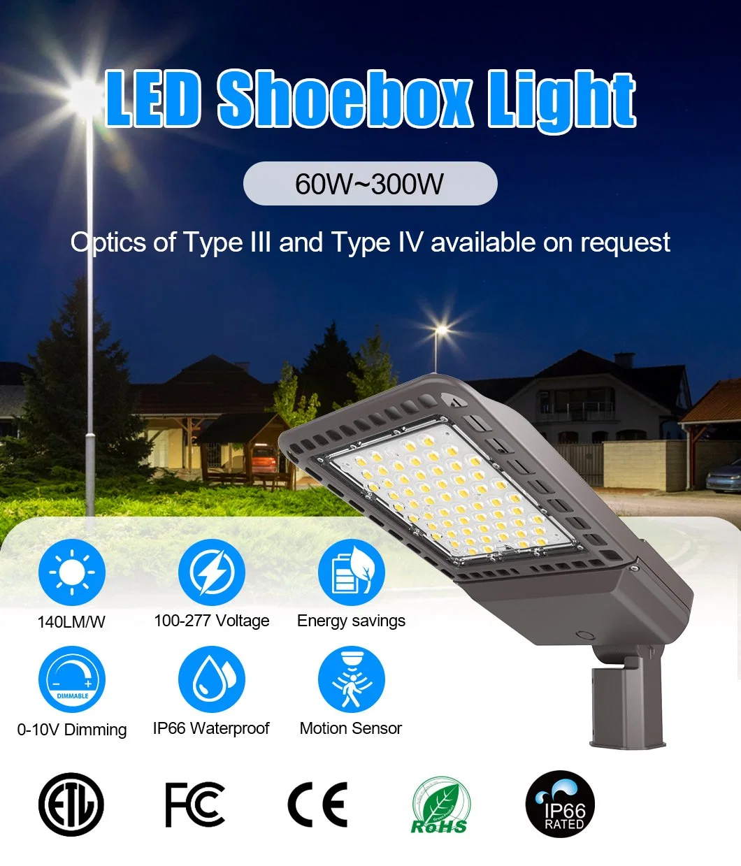 480V Intelligent Green Energy 60W 80W 100W 120W 150W 200W 250W 300W Shoebox LED Lighting Solar LED Outdoor Street Lighting