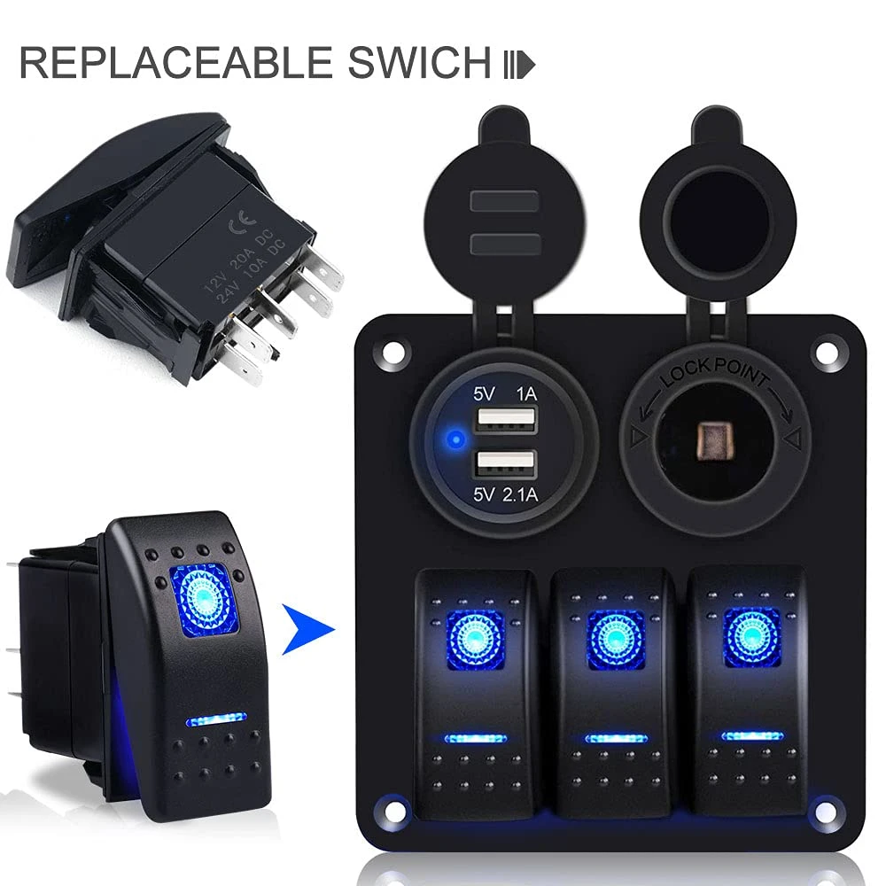 Boat Rocker Switch Toggle 12V 24V, 5 Pin Spst on-off Switch 12V/20A 24V/10A Blue LED Light, with Jumper Wires Set for Car Marine Boat Truck Trailer 4X4 Caravan