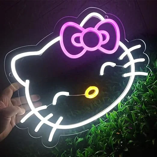 Goldmore1 Hello Kit Neon Sign, Anime Kawaii Cat Neon Light for Bedroom, Game Room, Kids Birthday Xmas Easter Party Decor Gift