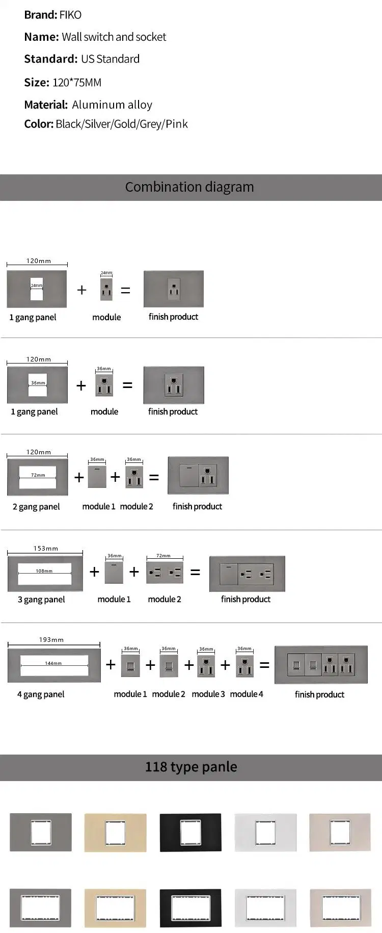 Fiko American Standard Light Dimmer Switch Made of Aluminum Alloy Suitable for Home/Hotel Light Switch