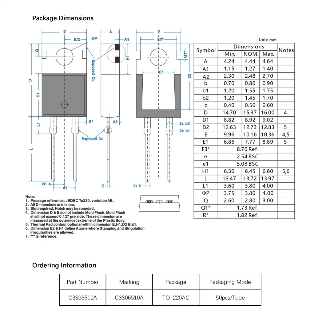 Silicon Carbide Schottky Diode Fetures Applications Mosfet Unipolar rectifier VRRM=650V, IF (TC = 153.5&deg;C)=10A Globalpowertech-G3S06510A