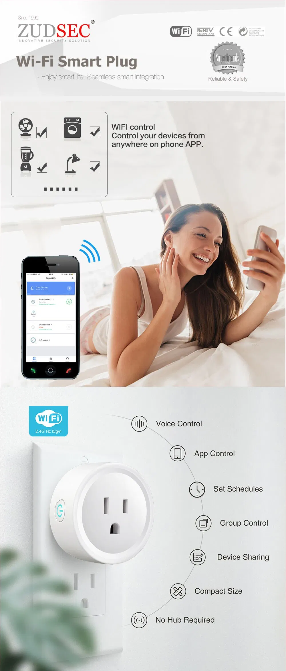 Non-Grounding Electrical Wall Socket Smart WiFi Plug for Smart Home