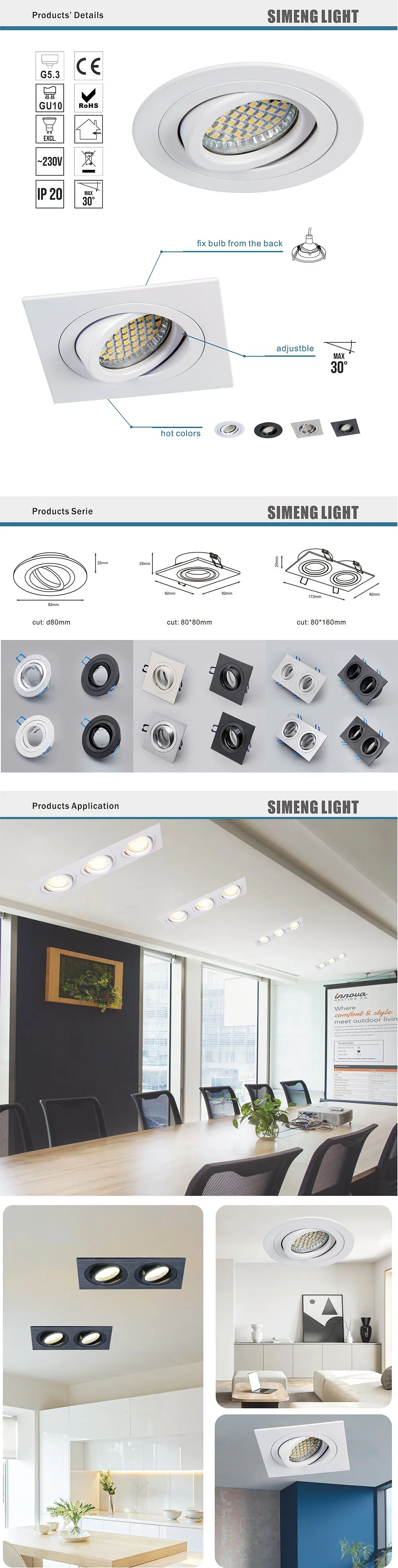 Aluminum Square Downlight Adjustable Recessed Indoor Lighting