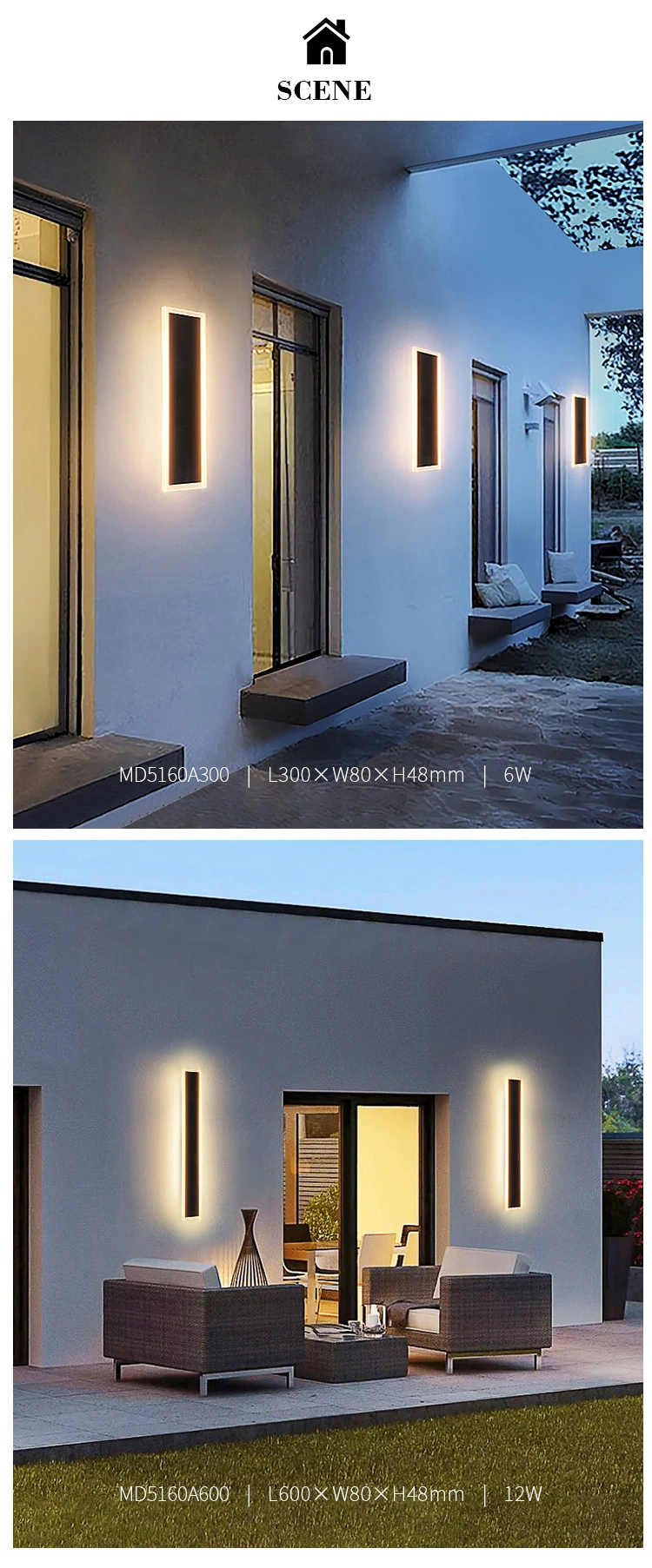 110V 220V Modern Outdoor Exterior Linear Strip Wall Lamp 3000K IP65 Warm White Garden Sconce Long LED Walllamp