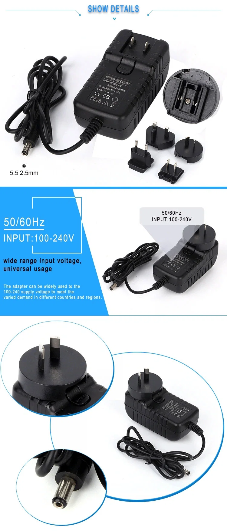 UL CE FCC RoHS SAA C-tick 5V 6V 9V 10V 12V 15V 19V 24V 36V 500mA 0.5A 1A 1.5A 2A 3A 4A 5A Wall Charger/LED LCD CCTV Power Supply/AC DC Switching Power Adapter