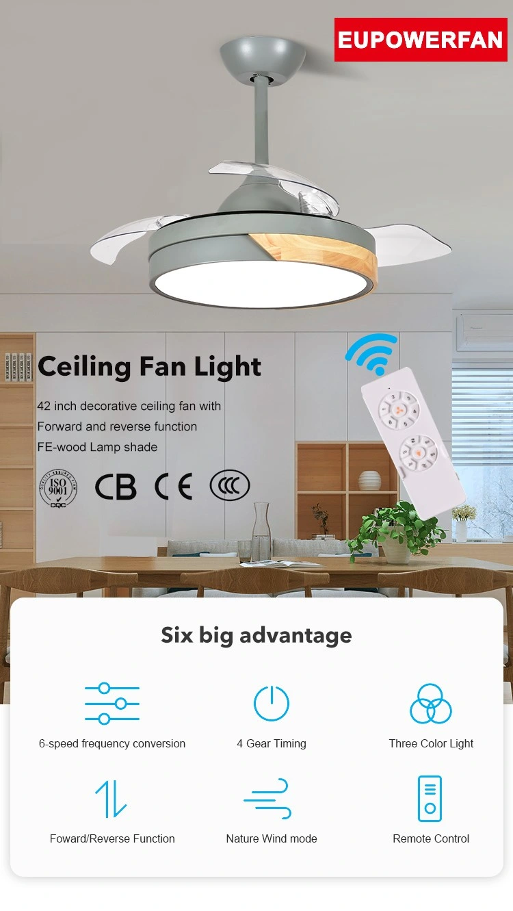 42 Inch Modern Decoration Indoor Low Noise Retractable Blade Ceiling Fan with light Remote Control