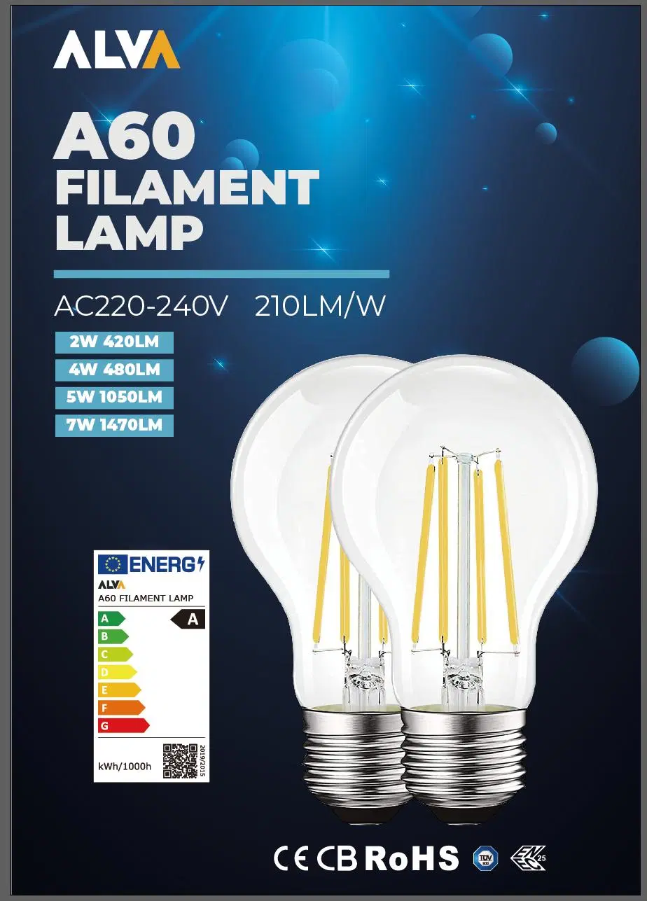 LED Filament Bulb 210lm/W ERP Class a 2W W 6W 7W Glass A60 A19 COB LED Light Amber Clear Edison Bulb E27 B22 E26 Classic Equal 40W Incandescent Lamp LED Bulb