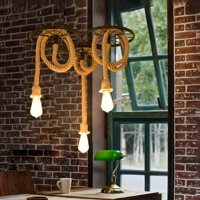 Vintage Hemp Rope Chandelier Lamp Hanging Pendant Light Indoor Decoration Lighting
