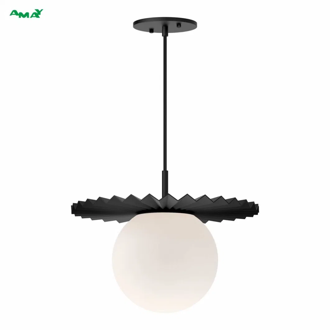 Black Pleated Disk and Ample-Sized Opal Glass Globe Hanging Flush Mount Ceiling Light