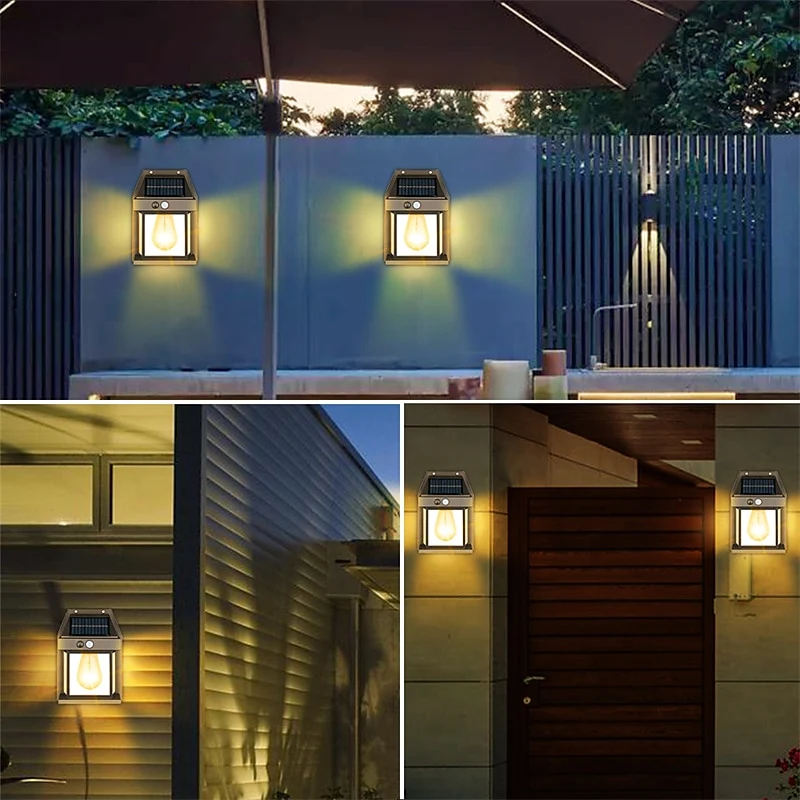 Solar Tungsten Wall Light Wireless Dusk to Dawn Motion Sensor LED Wall Sconce IP65 Waterproofs