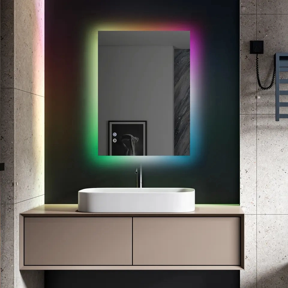 Custom Smart Touch Screen Vanity Wall Make up Mirror Square Frames Magic LED Bathroom Mirror RGB Light