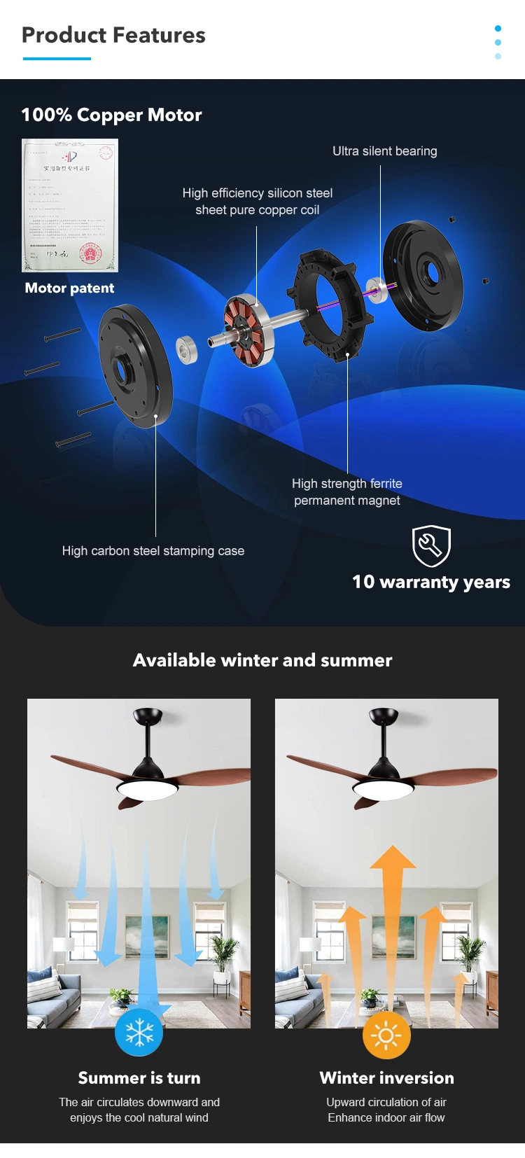 Adjustable Smart Remote Control 3 ABS Blades Modern LED Ceiling Fan with Light