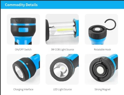  Iluminación de reparación de LED de emergencia para inspección de trabajo Diseño plegable Luz de foco de trabajo recargable de 3W LED COB gancho de sujeción para camping Luz DE trabajo LED