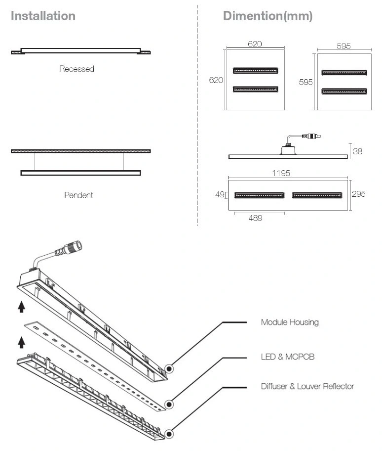 Glare Free 150lm/W Panel Lighting Fixtures 120X30 600X600 30W 40W 60W Modular Ceiling Flat LED Panel Light for Recessed Office School Commercial Shopping Mall