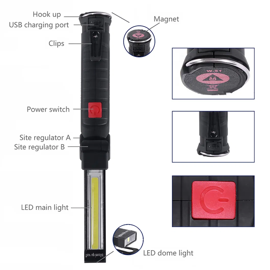 Aluminum Multifunctional Red LED Rotating Work Light Flashlight with Clip for Industrial Garage Inspection Task