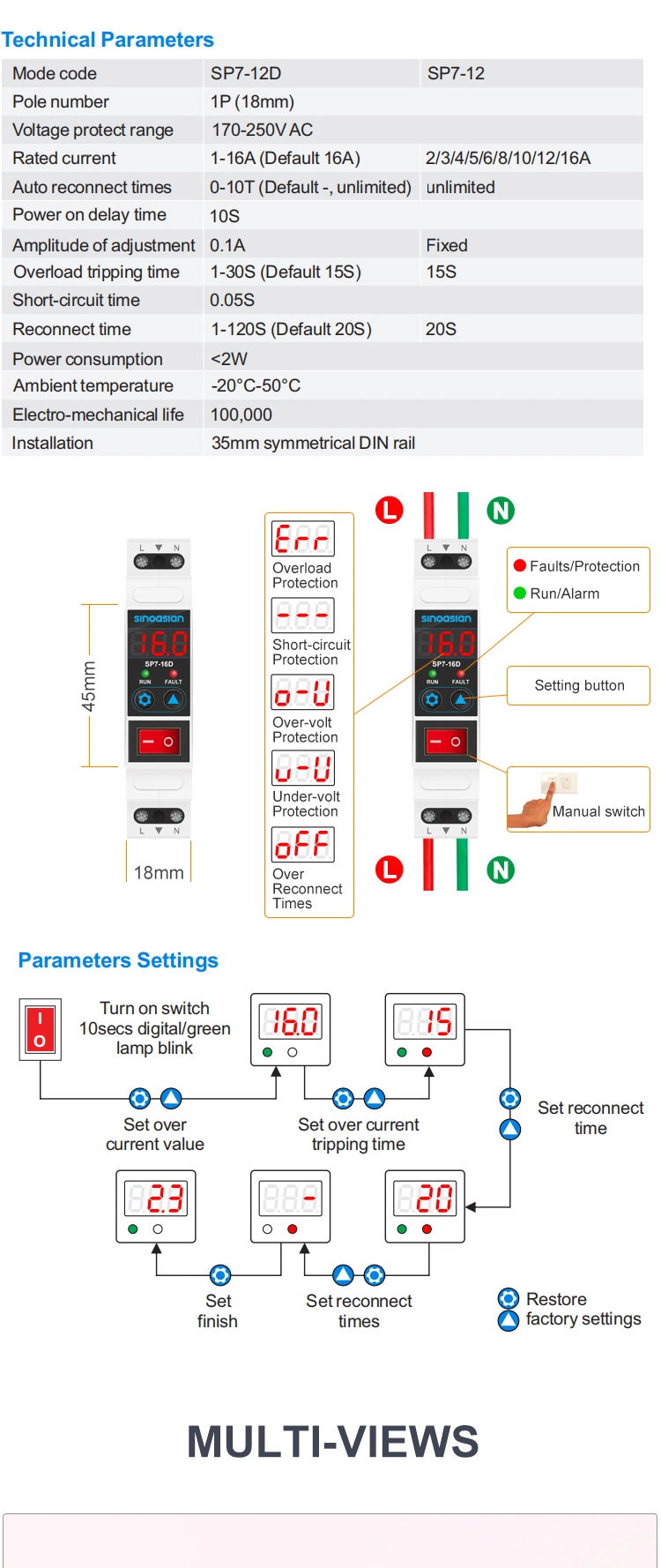 1p 18mm 1-16A Adjustable Automatic Electronic Circuit Breaker with Over-Voltage Under-Voltage Over-Current Protection