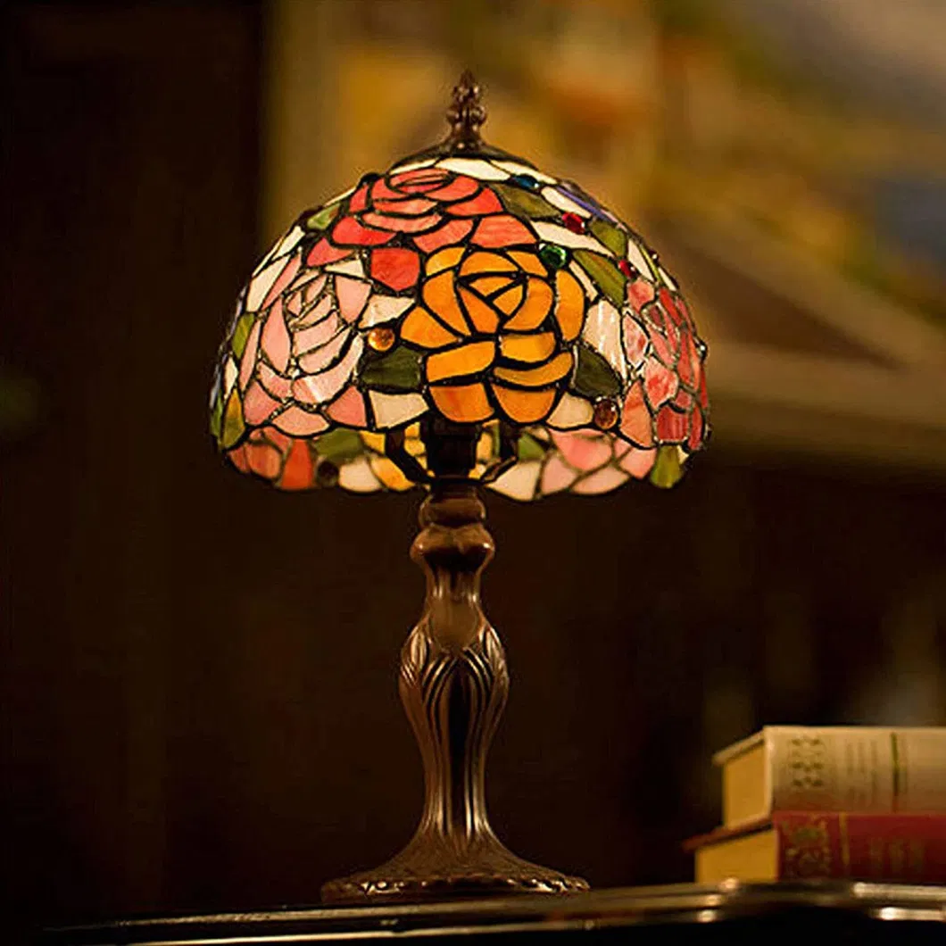 Tiffany Style Desk Light LED Bedroom Home Decor Lighting Fixtures Handmade Rose Stained Glass Table Lamp