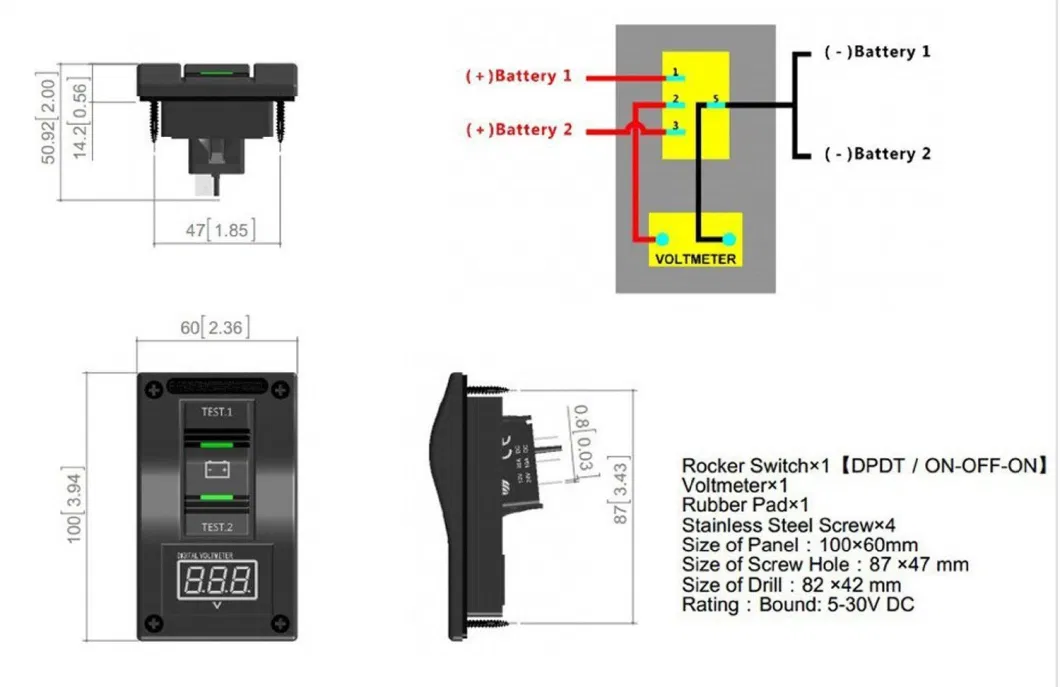 5-30V Digital Voltmeter Battery Test Panel Rocker Switch Dpdt/on-off-on Rocker Switch