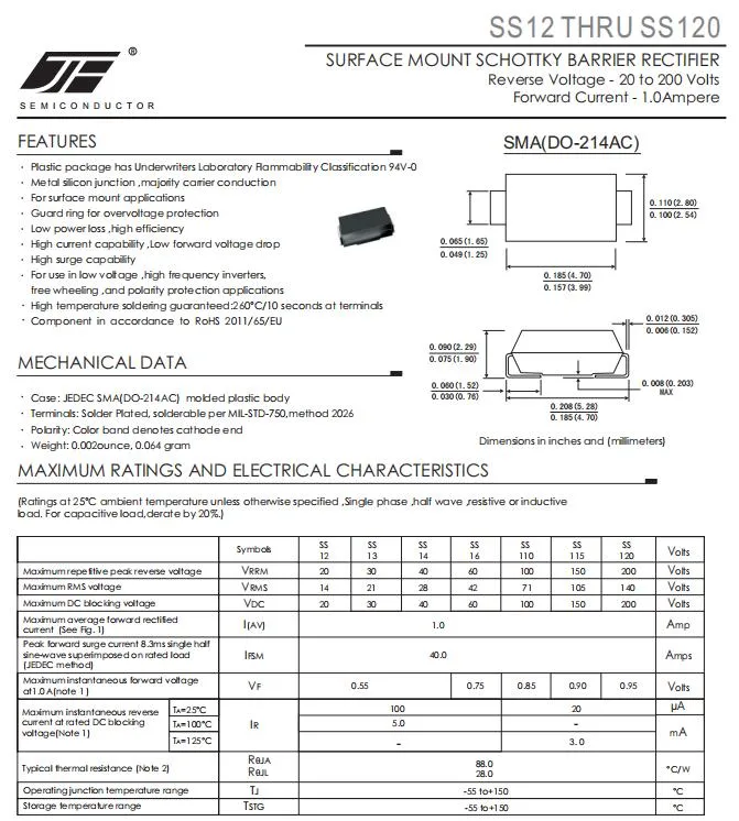 SS120 DO-214AC Package Schottkky Barrier Rectifier Diode With 1A 200V Parameter