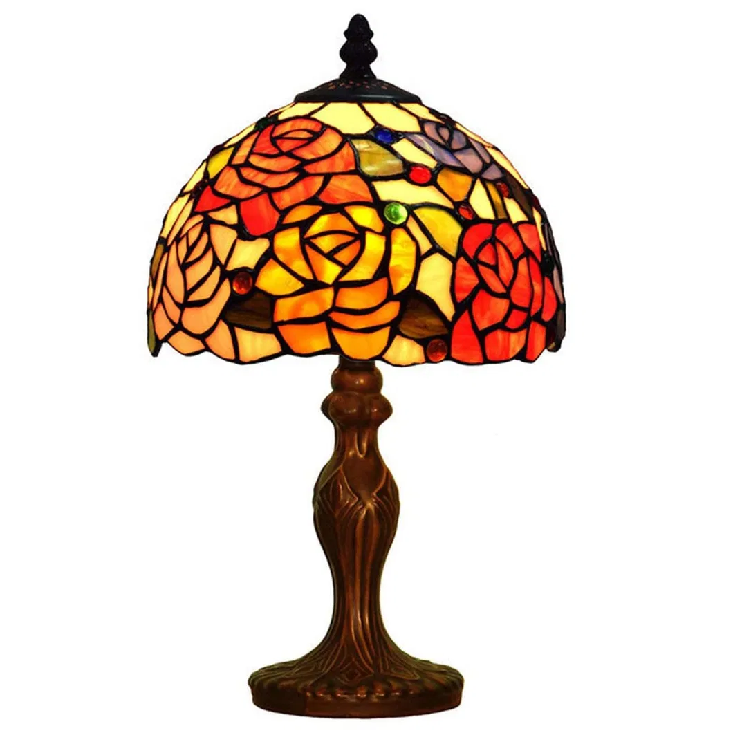 Tiffany Style Desk Light LED Bedroom Home Decor Lighting Fixtures Handmade Rose Stained Glass Table Lamp
